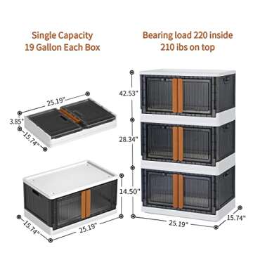 HAIXIN Storage Bins with Lids - Collapsible Storage Bins, Wardrobe Closet Organizer, 19 Gal Stackable Toy Storage, Foldable Plastic Storage Container with Door, Crate for Book Storage (3 Pack)