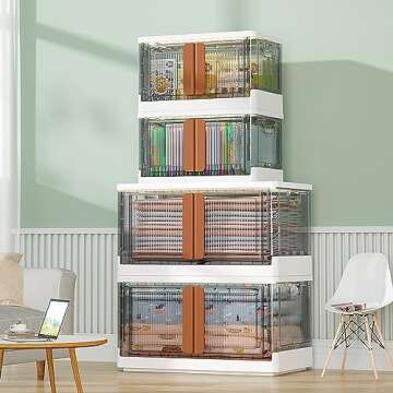 HAIXIN Storage Bins with Lids - Collapsible Storage Bins, Wardrobe Closet Organizer, 19 Gal Stackable Toy Storage, Foldable Plastic Storage Container with Door, Crate for Book Storage (3 Pack)