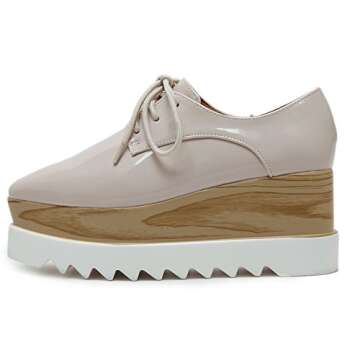 TENGYUFLY Women's Platform Wedges Oxfords Classic Casual Lace Up Mid Heels Wingtips Square Toe Shoes(Beige,US4.5)
