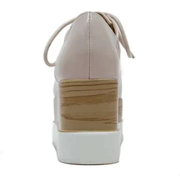 TENGYUFLY Women's Platform Wedges Oxfords Classic Casual Lace Up Mid Heels Wingtips Square Toe Shoes(Beige,US4.5)