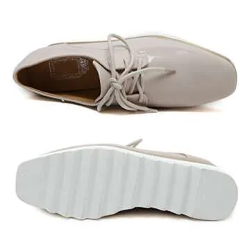 TENGYUFLY Women's Platform Wedges Oxfords Classic Casual Lace Up Mid Heels Wingtips Square Toe Shoes(Beige,US4.5)