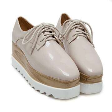 TENGYUFLY Women's Platform Wedges Oxfords Classic Casual Lace Up Mid Heels Wingtips Square Toe Shoes(Beige,US4.5)