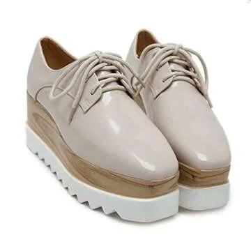 TENGYUFLY Women's Platform Wedges Oxfords Classic Casual Lace Up Mid Heels Wingtips Square Toe Shoes(Beige,US4.5)