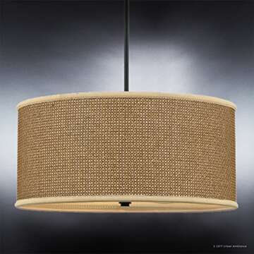 Luxury Craftsman Chandelier, Medium Size: 11.5"H x 22"W, with Asian Style Elements, Natural Materials, High-End Black Silk Finish and Woven Tan Rattan Shade, UQL2741 by Urban Ambiance