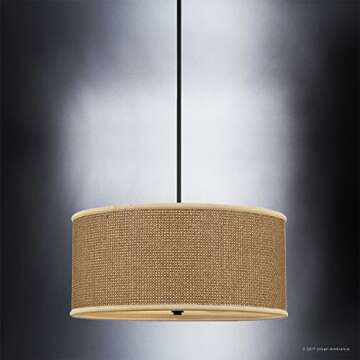 Luxury Craftsman Chandelier, Medium Size: 11.5"H x 22"W, with Asian Style Elements, Natural Materials, High-End Black Silk Finish and Woven Tan Rattan Shade, UQL2741 by Urban Ambiance