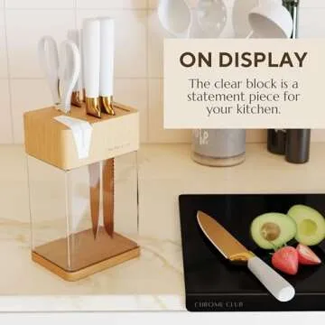 Elegant CHROME CLUB White and Gold Knife Set with Block - 7 Pieces