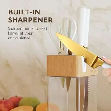 Elegant CHROME CLUB White and Gold Knife Set with Block - 7 Pieces