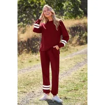 PRETTYGARDEN Women's Tie Dye Two Piece Pajamas Set Casual Long Sleeve Sweatshirt with Long Pants Loungewear (Striped Wine Red,Large)