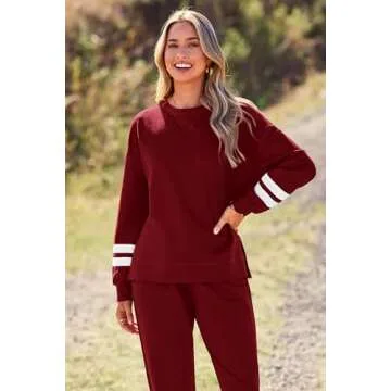 PRETTYGARDEN Women's Tie Dye Two Piece Pajamas Set Casual Long Sleeve Sweatshirt with Long Pants Loungewear (Striped Wine Red,Large)