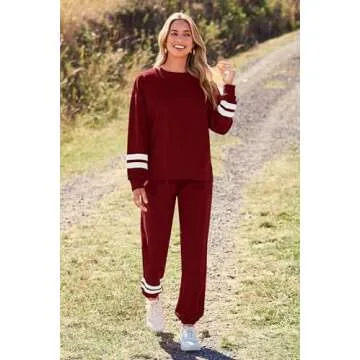 PRETTYGARDEN Women's Tie Dye Two Piece Pajamas Set Casual Long Sleeve Sweatshirt with Long Pants Loungewear (Striped Wine Red,Large)