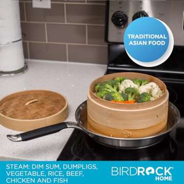BIRDROCK HOME 10-Inch Bamboo Steamer - Classic 2 Tier Design for Steaming Veggies, Dumplings, Dim Su...