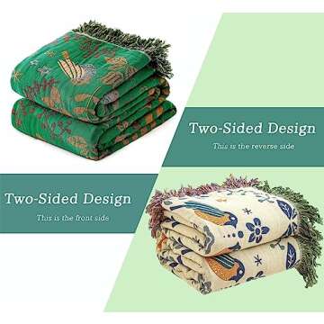 MSGKV Boho Throw Blanket 100% Cotton Green Blanket 90'x 98' Double Sided Knit Blankets with Tassels ...