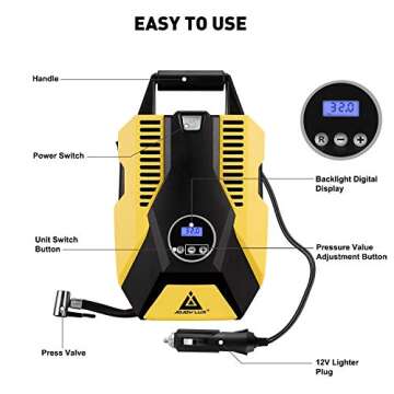Digital Tire Inflator 12V DC Portable Auto Air Compressor Pump for Car Tires, 150 PSI Auto Shut Off ...