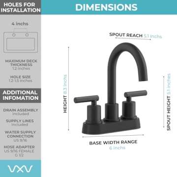 VXV Bathroom Sink Faucet 4 Inch 2 Handle Centerset Utility Lavatory Vanity Faucet Modern 360 Rotating Black Bathtub Water Tub Faucet with Pop-up Drain Stopper Assembly and Supply Lines Fits 2 Hole