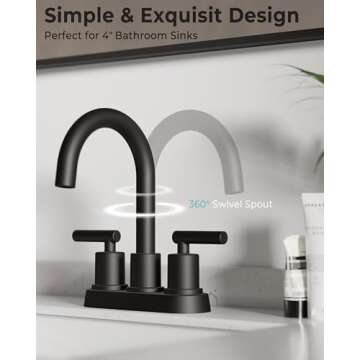 VXV Bathroom Sink Faucet 4 Inch 2 Handle Centerset Utility Lavatory Vanity Faucet Modern 360 Rotating Black Bathtub Water Tub Faucet with Pop-up Drain Stopper Assembly and Supply Lines Fits 2 Hole