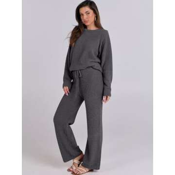ANRABESS Women's Fuzzy Fleece Pajama Sets 2 Piece Outfits Long Sleeve Top Wide Leg Pants Lounge Matc...