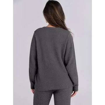 ANRABESS Women's Fuzzy Fleece Pajama Sets 2 Piece Outfits Long Sleeve Top Wide Leg Pants Lounge Matching Set 2024 Fall Winter Deep Gray Large