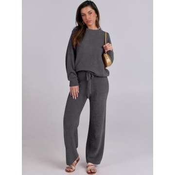 ANRABESS Women's Fuzzy Fleece Pajama Sets 2 Piece Outfits Long Sleeve Top Wide Leg Pants Lounge Matching Set 2024 Fall Winter Deep Gray Large