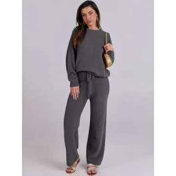 ANRABESS Women's Fuzzy Fleece Pajama Sets 2 Piece Outfits Long Sleeve Top Wide Leg Pants Lounge Matching Set 2024 Fall Winter Deep Gray Large