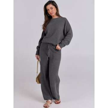 ANRABESS Women's Fuzzy Fleece Pajama Sets 2 Piece Outfits Long Sleeve Top Wide Leg Pants Lounge Matching Set 2024 Fall Winter Deep Gray Large