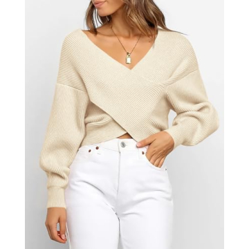 BTFBM Women V Neck Long Sleeve Sweater in Solid Apricot
