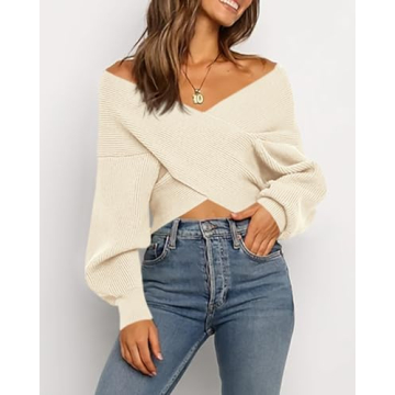 BTFBM Women V Neck Long Sleeve Sweater in Solid Apricot