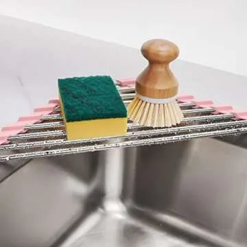 Tomorotec Triangle Foldable Dish Drying Rack, Small Roll-Up Stainless Steel Over Sink Drainer for Kitchen Sink Corner, Rustproof Multipurpose Organizer(Pink)