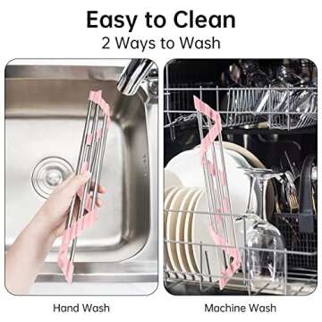 Tomorotec Triangle Foldable Dish Drying Rack, Small Roll-Up Stainless Steel Over Sink Drainer for Kitchen Sink Corner, Rustproof Multipurpose Organizer(Pink)