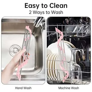 Tomorotec Triangle Foldable Dish Drying Rack, Small Roll-Up Stainless Steel Over Sink Drainer for Kitchen Sink Corner, Rustproof Multipurpose Organizer(Pink)