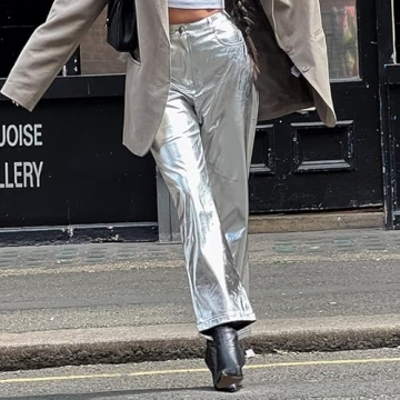 LROSEY Womens Sparkly Metallic Cargo Pants High Waisted Faux Leather Sequin Joggers Glitter Alien Costume for Rave Disco Club