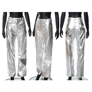 LROSEY Womens Sparkly Metallic Cargo Pants High Waisted Faux Leather Sequin Joggers Glitter Alien Costume for Rave Disco Club