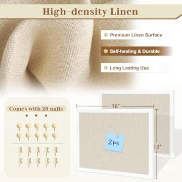 AMUSIGHT 2-Pack Double-Sided Cork Board with Linen, 16" x 12" Hanging Wood Framed Bulletin Board, Picture Display Vision Board Kit Corkboards for Wall School Office Decor, 20 Pushpins (Vintage White)