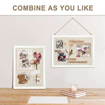AMUSIGHT 2-Pack Double-Sided Cork Board with Linen, 16" x 12" Hanging Wood Framed Bulletin Board, Picture Display Vision Board Kit Corkboards for Wall School Office Decor, 20 Pushpins (Vintage White)