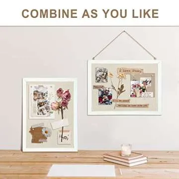 AMUSIGHT 2-Pack Double-Sided Cork Board with Linen, 16" x 12" Hanging Wood Framed Bulletin Board, Picture Display Vision Board Kit Corkboards for Wall School Office Decor, 20 Pushpins (Vintage White)