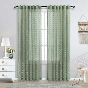 KOUFALL 2 Panels Boho Curtains 84 Inches Long for Living Room Bedroom Sage Green Decor Pom Pom Design Sheer Pattern Window Treatments Curtain with Back Tab Rod Pocket,52x84 in Length