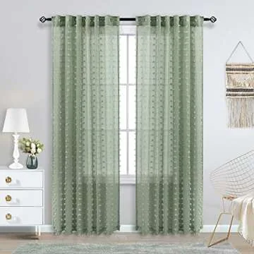 KOUFALL 2 Panels Boho Curtains 84 Inches Long for Living Room Bedroom Sage Green Decor Pom Pom Design Sheer Pattern Window Treatments Curtain with Back Tab Rod Pocket,52x84 in Length
