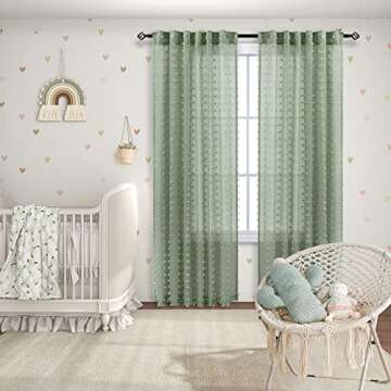 KOUFALL 2 Panels Boho Curtains 84 Inches Long for Living Room Bedroom Sage Green Decor Pom Pom Design Sheer Pattern Window Treatments Curtain with Back Tab Rod Pocket,52x84 in Length