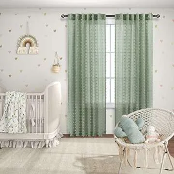 KOUFALL 2 Panels Boho Curtains 84 Inches Long for Living Room Bedroom Sage Green Decor Pom Pom Design Sheer Pattern Window Treatments Curtain with Back Tab Rod Pocket,52x84 in Length