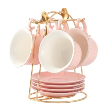 DUJUST Candy Color Tea Cups and Saucers Set with Golden Trim for Elegant Gatherings