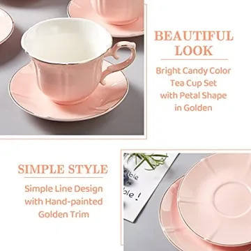 DUJUST Elegant Pink Tea Cups and Saucers with Stand