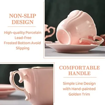 DUJUST Elegant Pink Tea Cups and Saucers with Stand