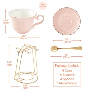 DUJUST Elegant Pink Tea Cups and Saucers with Stand
