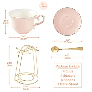 DUJUST Elegant Pink Tea Cups and Saucers with Stand