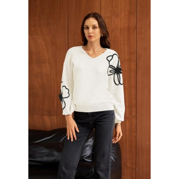 Pink Queen Women's Floral Knit Oversized V-Neck Sweater