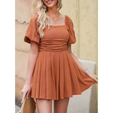 AlvaQ Women's Summer Jumpsuits 2024 Puff Sleeve Square Neck Casual Spring Flowy Romper Shorts Jumpsuit with Pocket Teen Beach Vacation Outfits,Brown,Small