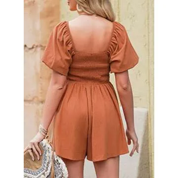AlvaQ Women's Summer Jumpsuits 2024 Puff Sleeve Square Neck Casual Spring Flowy Romper Shorts Jumpsuit with Pocket Teen Beach Vacation Outfits,Brown,Small