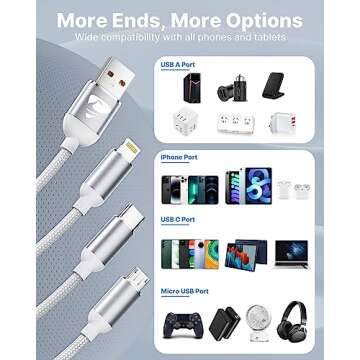 Multi Charging Cable, Multi USB Cable Nylon Braided 3 in 1 Multiple USB Cable Universal Charging Cord Adapter with IP/Type C/Micro USB Port for Cell Phones/Samsung Galaxy/Ps/LG/Huawei/Tablets/Kindle