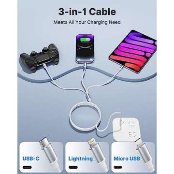 Multi Charging Cable, Multi USB Cable Nylon Braided 3 in 1 Multiple USB Cable Universal Charging Cord Adapter with IP/Type C/Micro USB Port for Cell Phones/Samsung Galaxy/Ps/LG/Huawei/Tablets/Kindle
