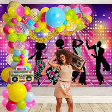 90s & 80s Nostalgia Party Decor - Colorful Balloons, Disco Ball, Radio Guitar Microphone for Back to...