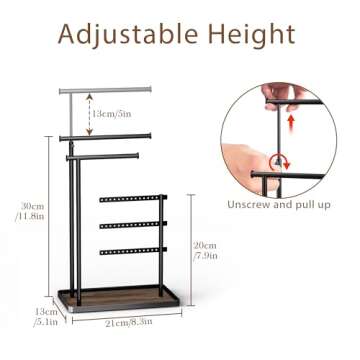 susswiff Jewelry Holder Organizer Stand - Adjustable Tall 17.5" (Max), Sturdy Jewelry Hanger for Necklaces, Earrings, Bracelets, Rings, Jewlery Display and Storage, Black, Metal